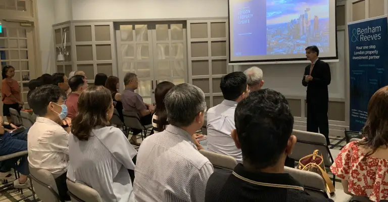 Marc presenting London Investment Update at the London property event at Benham and Reeves Singapore, focusing on prime deals.